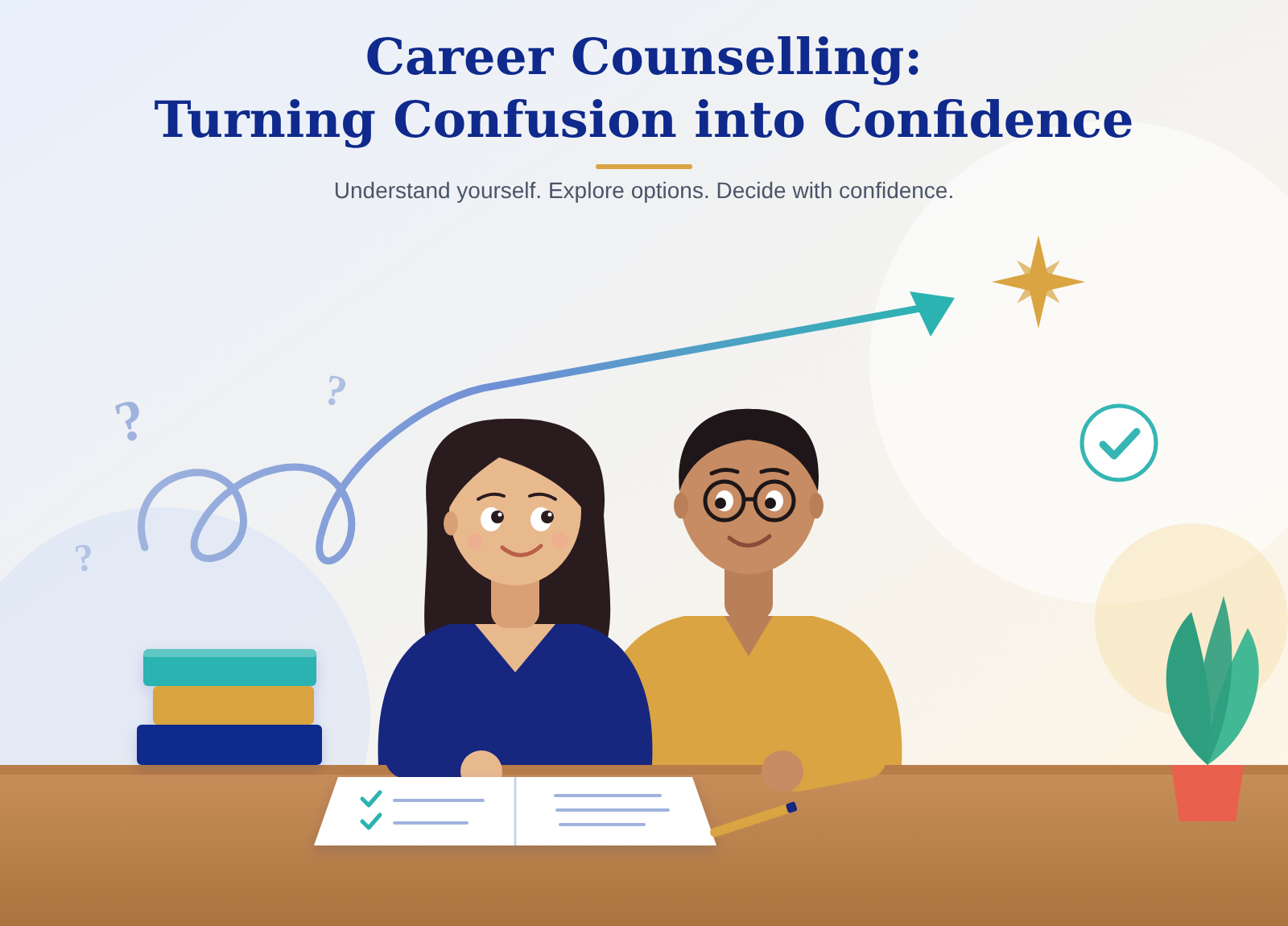 Career counsellor guiding a student from confusion to clarity