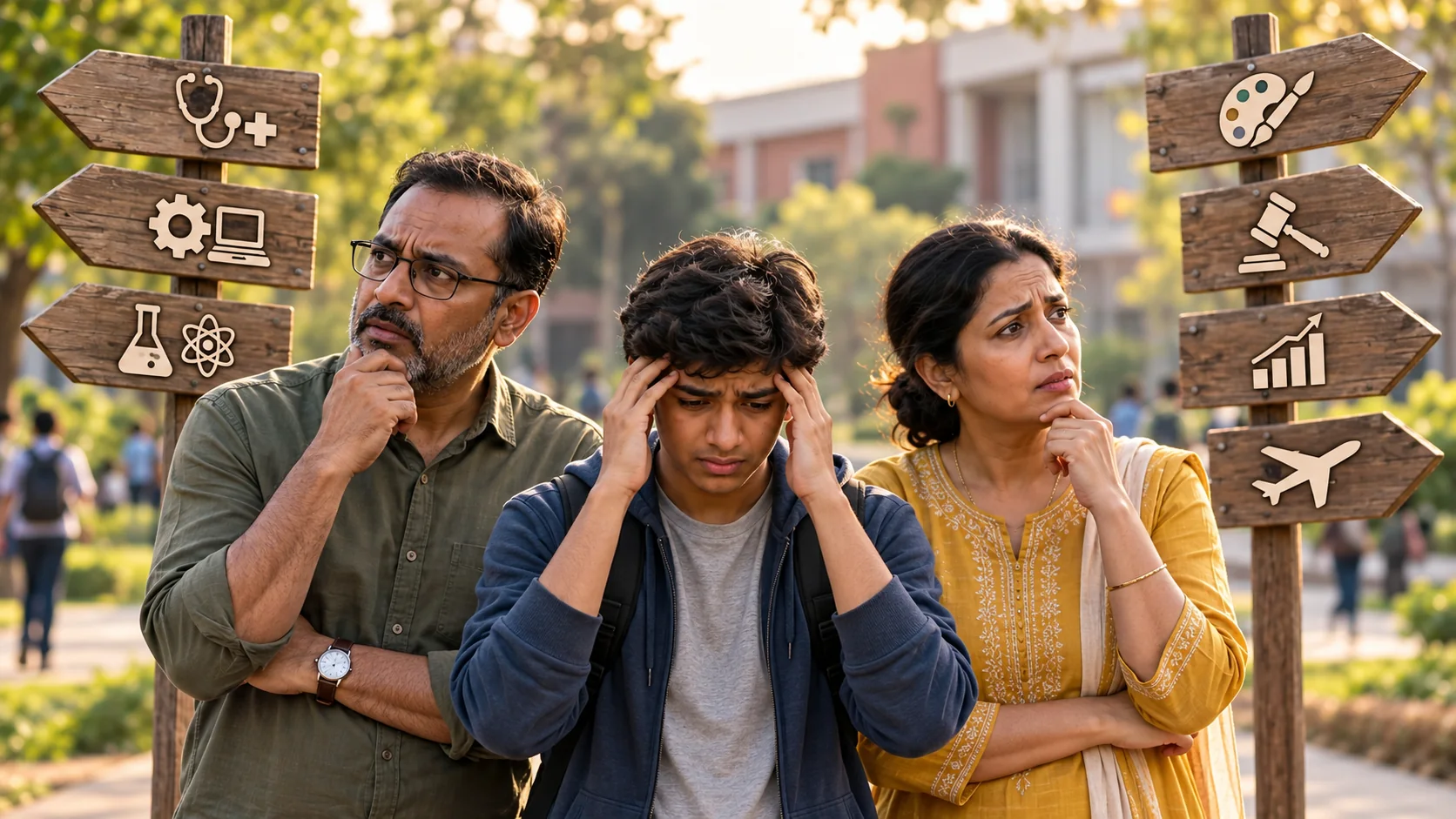 Concerned Indian parents and a tense teenage student considering different career paths